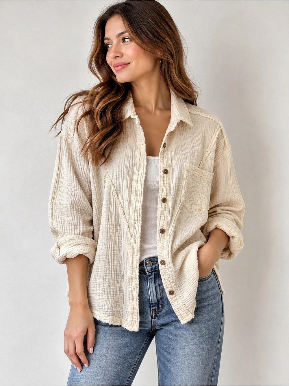 Easel Cotton Gauze Button-Down Shirt Cream Small
